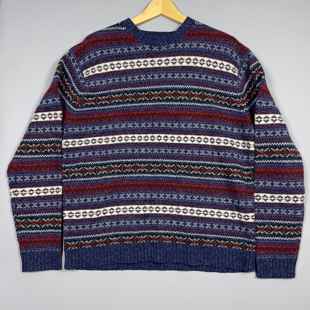 American‎ Eagle Fair Isle Vintage Sweater Mens Medium Lambs wool Blue Chunky